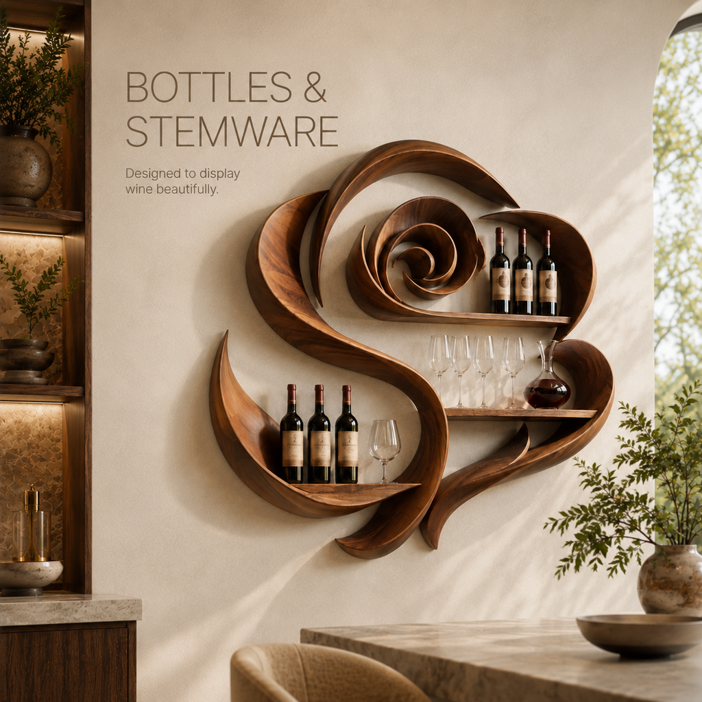 Solid Wood Wall Wine Rack with Glass Holder - Live Edge - product image 07