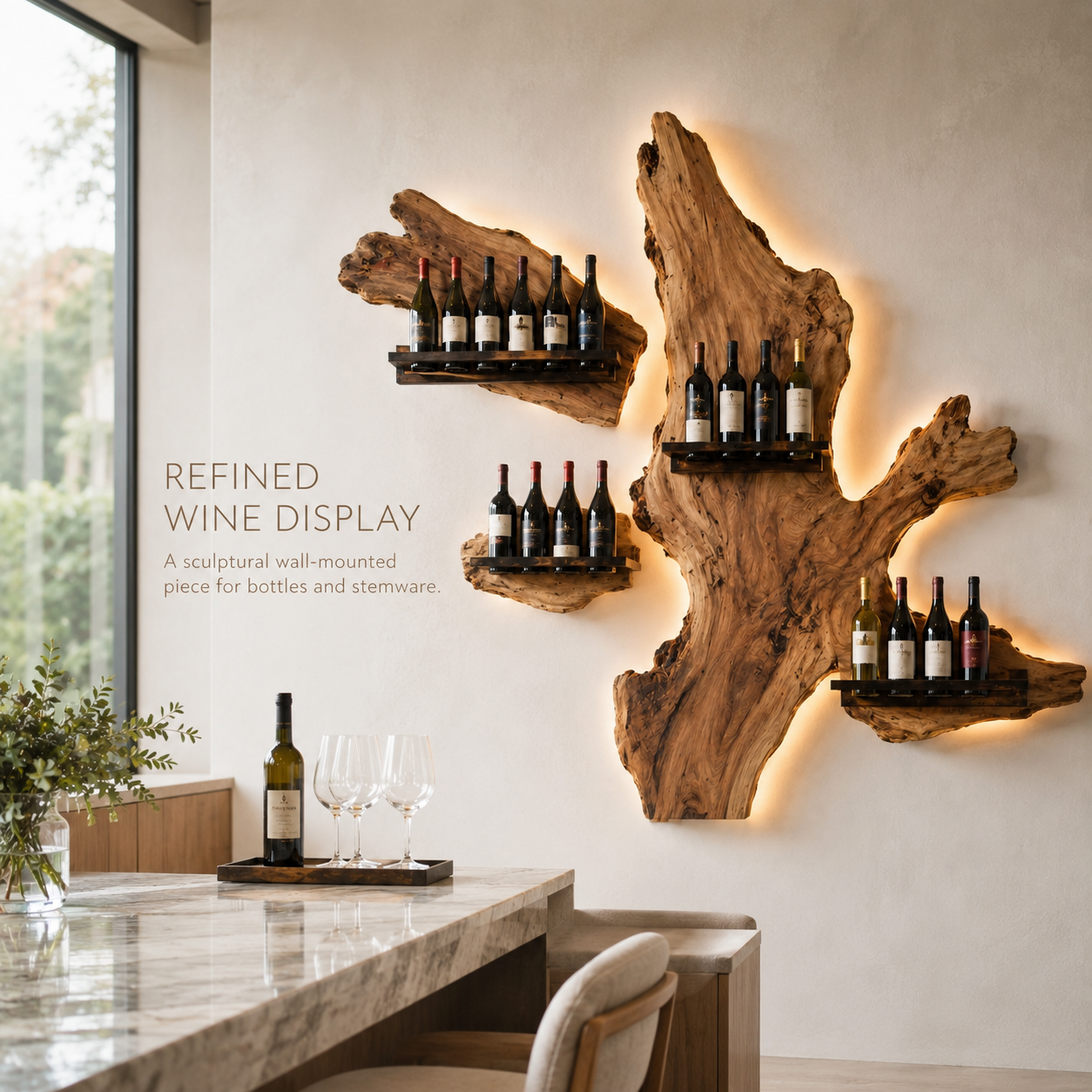 Solid Wood Wall Wine Rack with Glass Holder - Ribbed Wave - product image 02