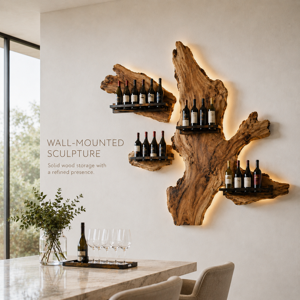 Solid Wood Wall Wine Rack with Glass Holder - Ribbed Wave - product image 03