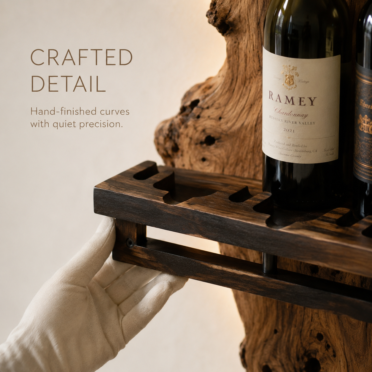 Solid Wood Wall Wine Rack with Glass Holder - Ribbed Wave - product image 06
