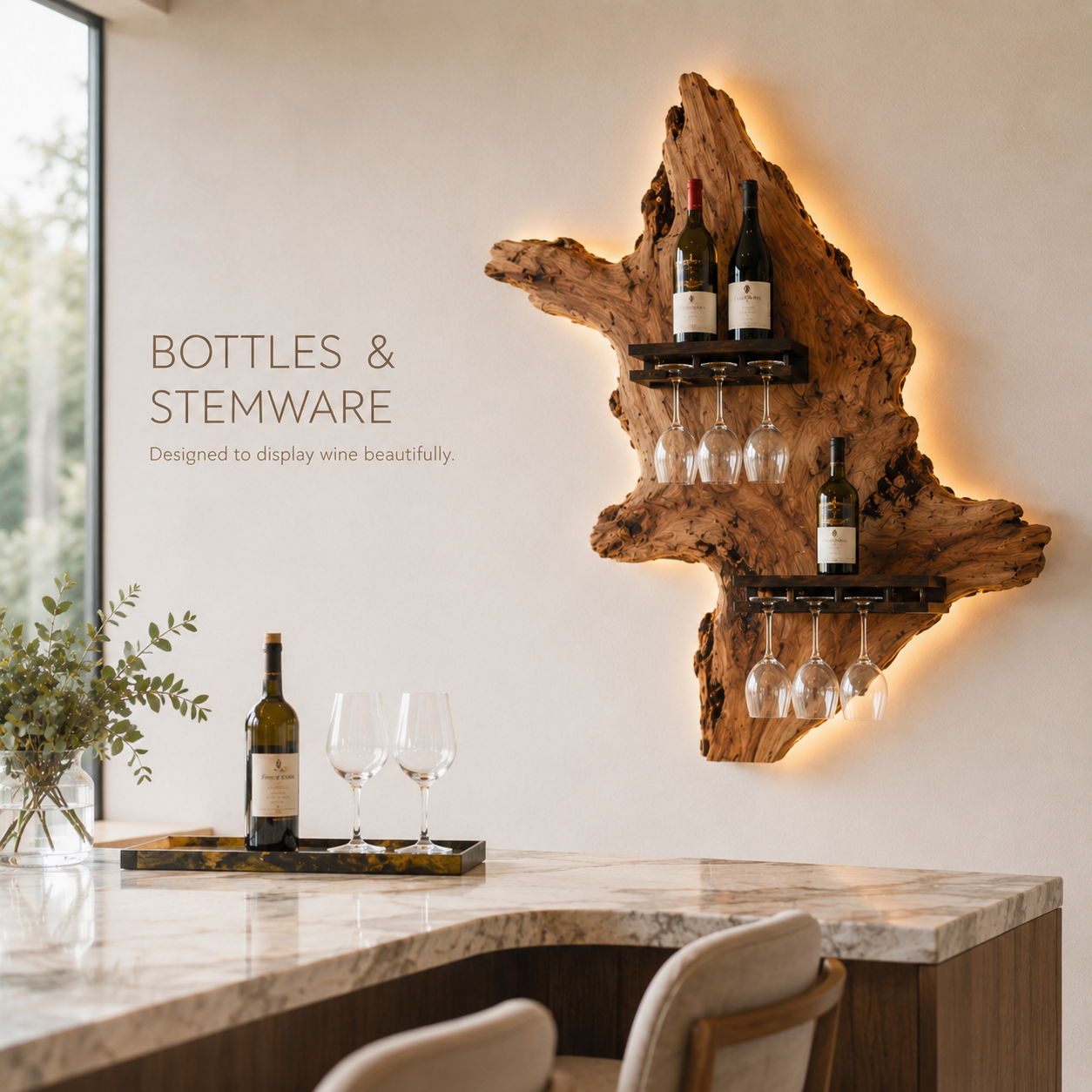 Solid Wood Wall Wine Rack with Glass Holder - Ribbed Wave - product image 07