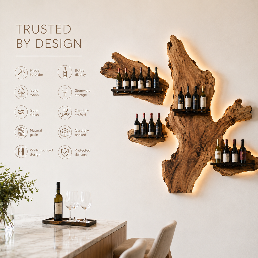 Solid Wood Wall Wine Rack with Glass Holder - Ribbed Wave - product image 09