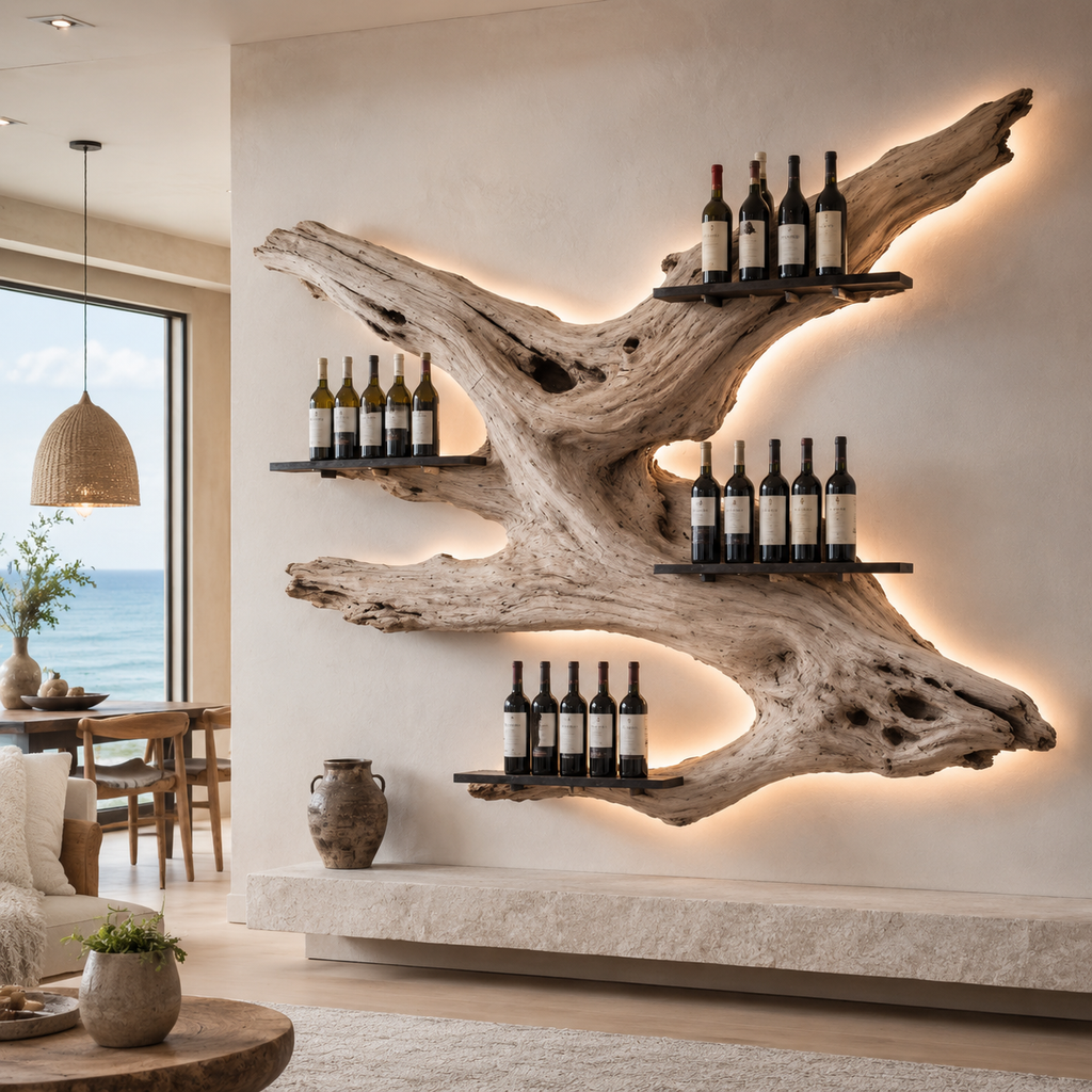 Solid Wood Wall Wine Rack with Glass Holder - Wave - main view