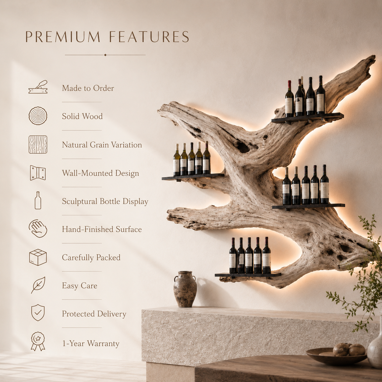 Solid Wood Wall Wine Rack with Glass Holder - Wave - product image 09