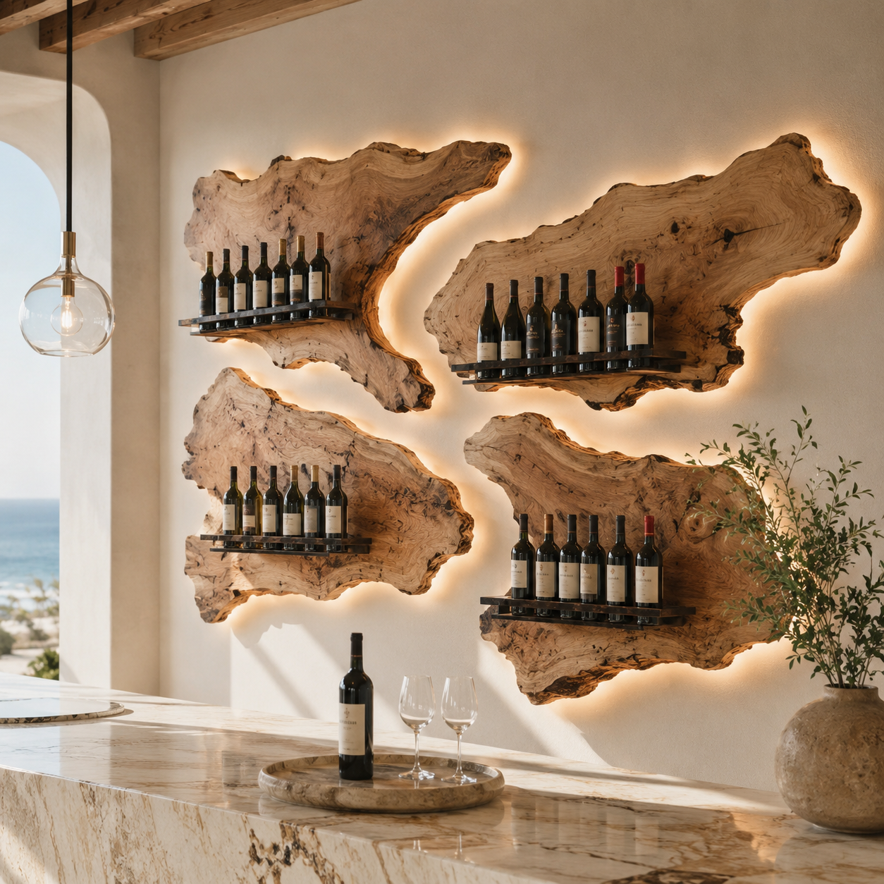 Solid Wood Wall Wine Rack with Glass Holder - Live Edge - main view