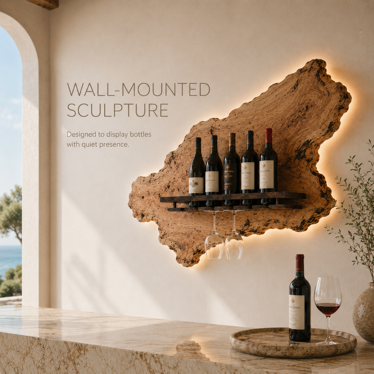 Solid Wood Wall Wine Rack with Glass Holder - Live Edge - product image 03
