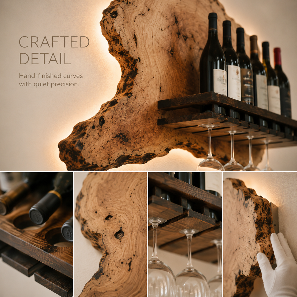 Solid Wood Wall Wine Rack with Glass Holder - Live Edge - product image 06
