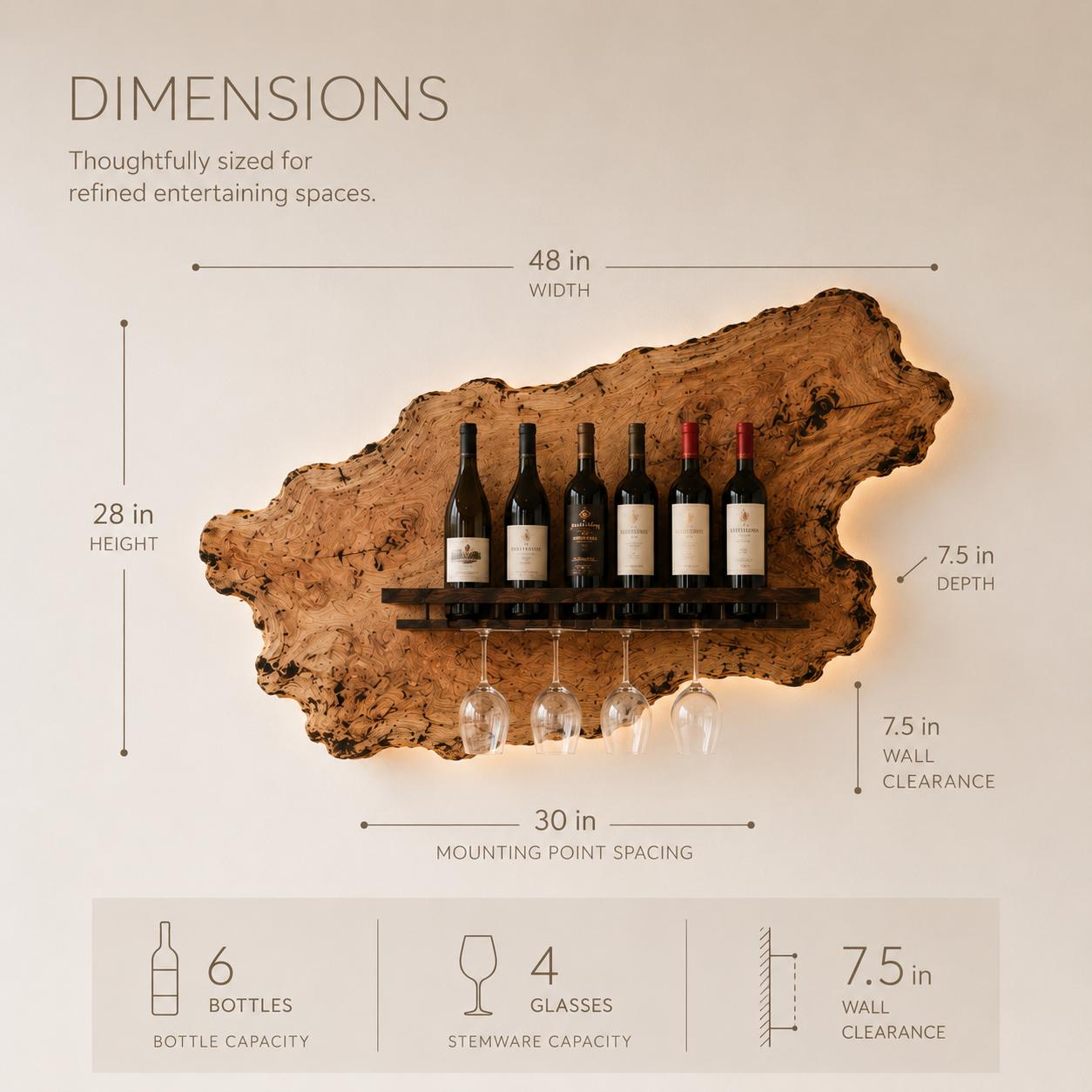 Solid Wood Wall Wine Rack with Glass Holder - Live Edge - product image 08
