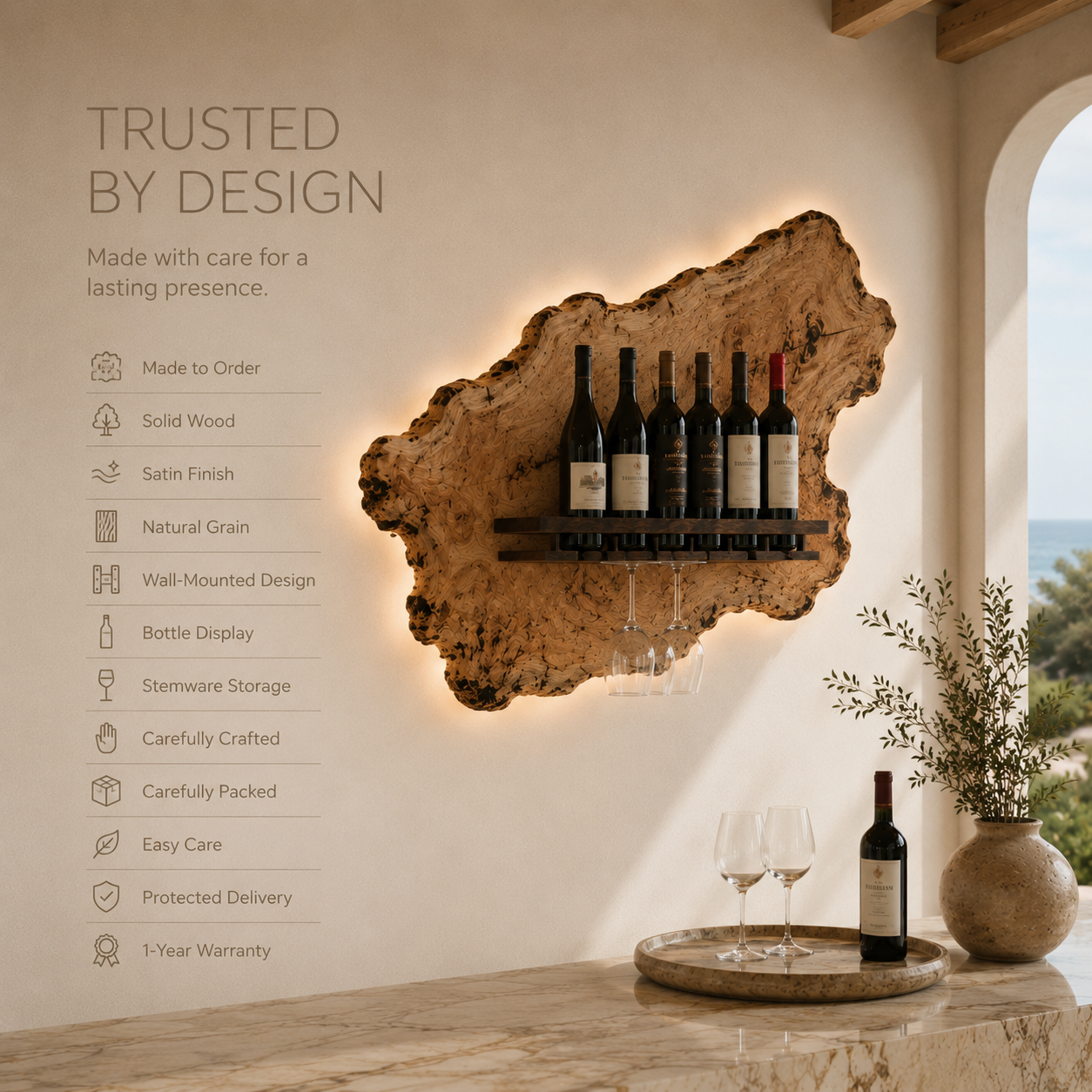 Solid Wood Wall Wine Rack with Glass Holder - Live Edge - product image 09