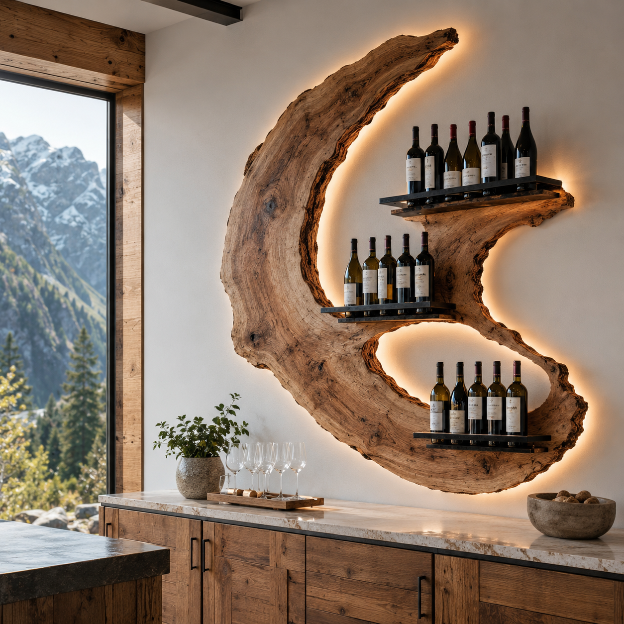 Solid Wood Wall Wine Rack with Glass Holder - Ribbed Wave - main view