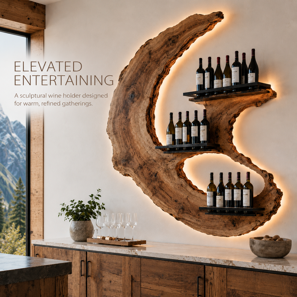 Solid Wood Wall Wine Rack with Glass Holder - Ribbed Wave - product image 02