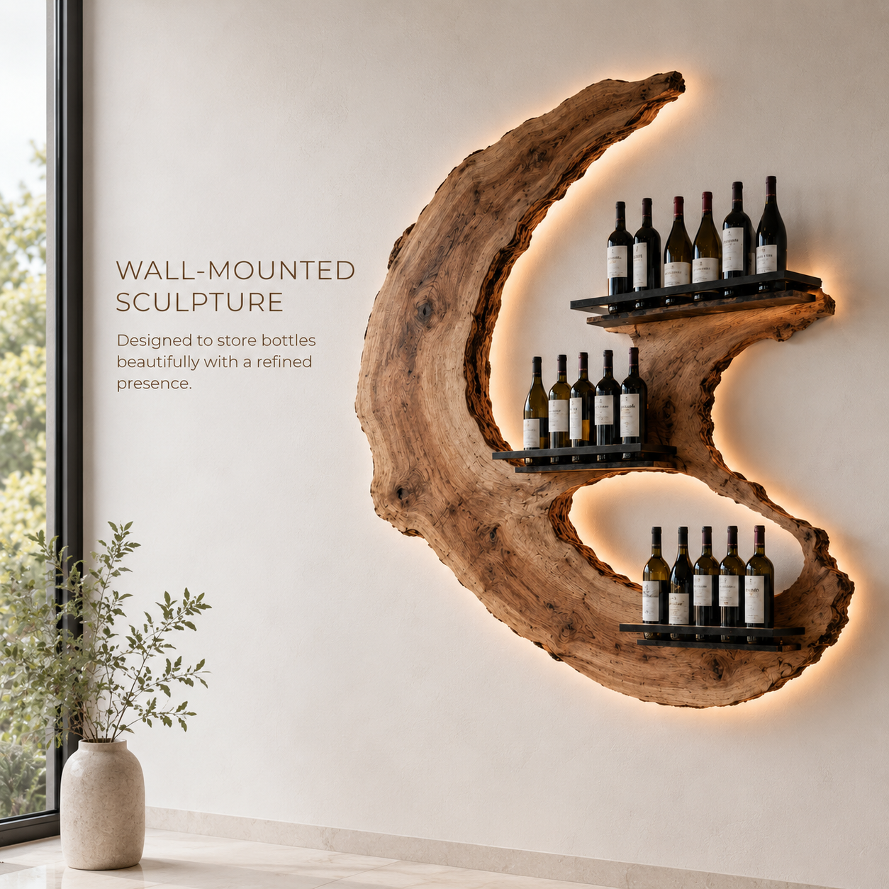Solid Wood Wall Wine Rack with Glass Holder - Ribbed Wave - product image 03