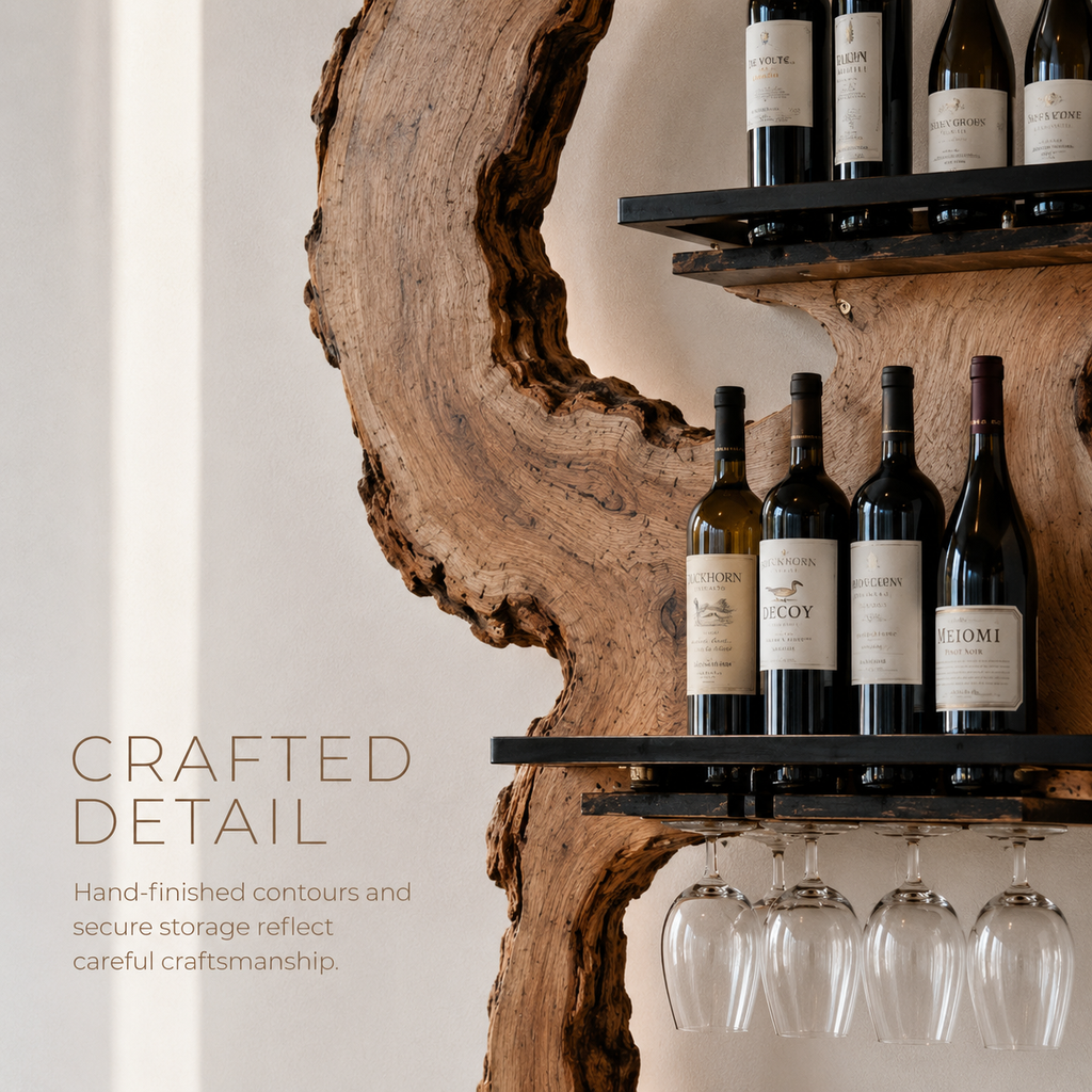 Solid Wood Wall Wine Rack with Glass Holder - Ribbed Wave - product image 06
