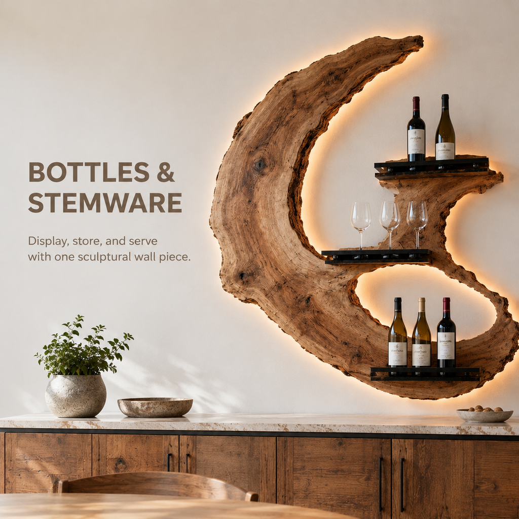 Solid Wood Wall Wine Rack with Glass Holder - Ribbed Wave - product image 07