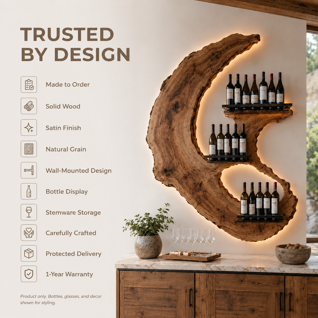 Solid Wood Wall Wine Rack with Glass Holder - Ribbed Wave - product image 09