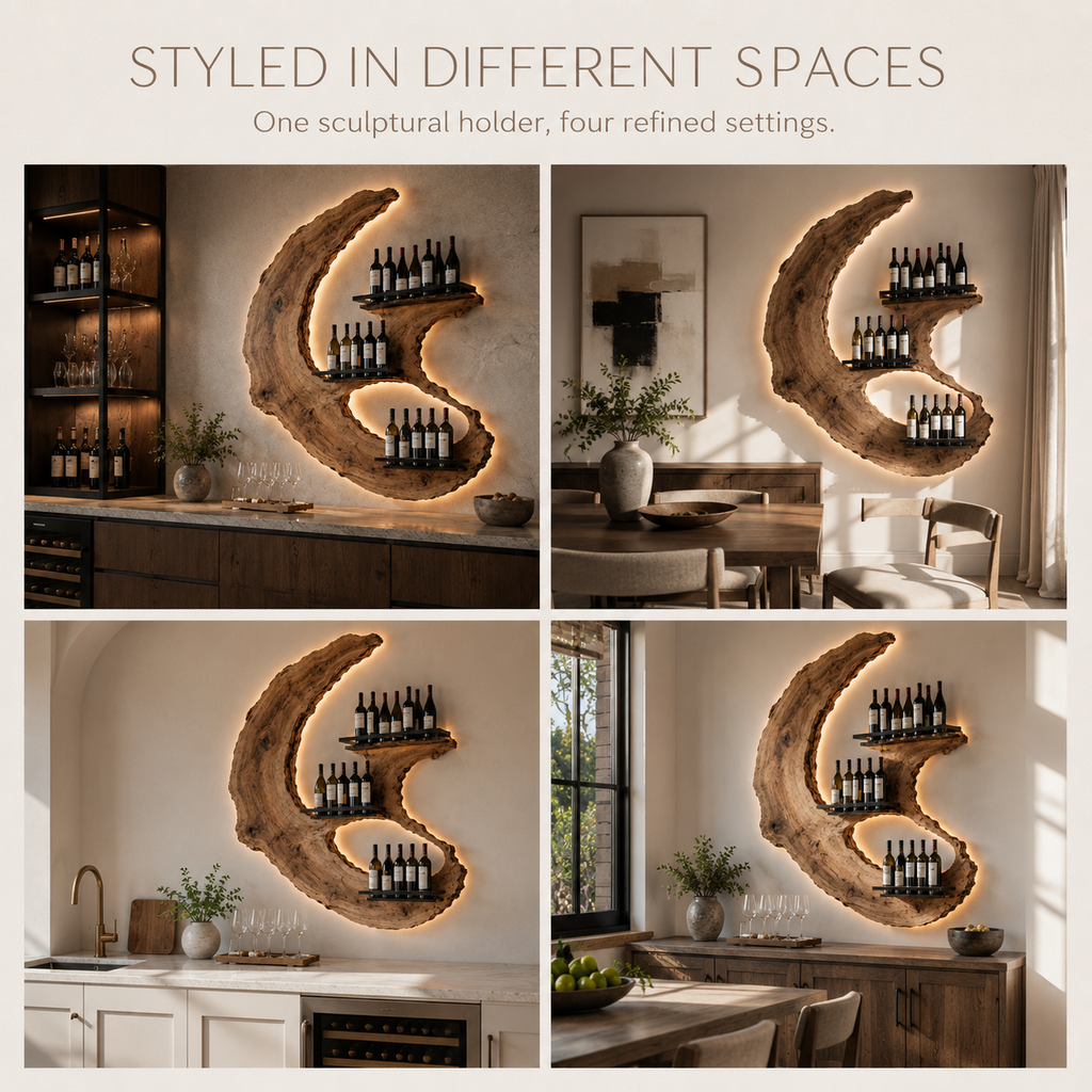 Solid Wood Wall Wine Rack with Glass Holder - Ribbed Wave - product image 10