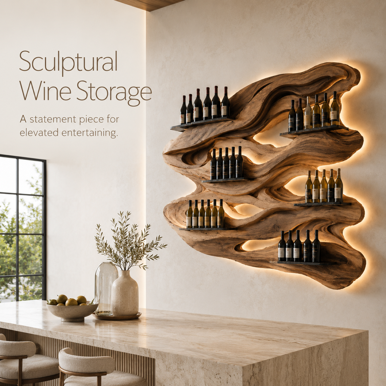 Solid Wood Wall Wine Rack with Glass Holder - Wave - product image 02