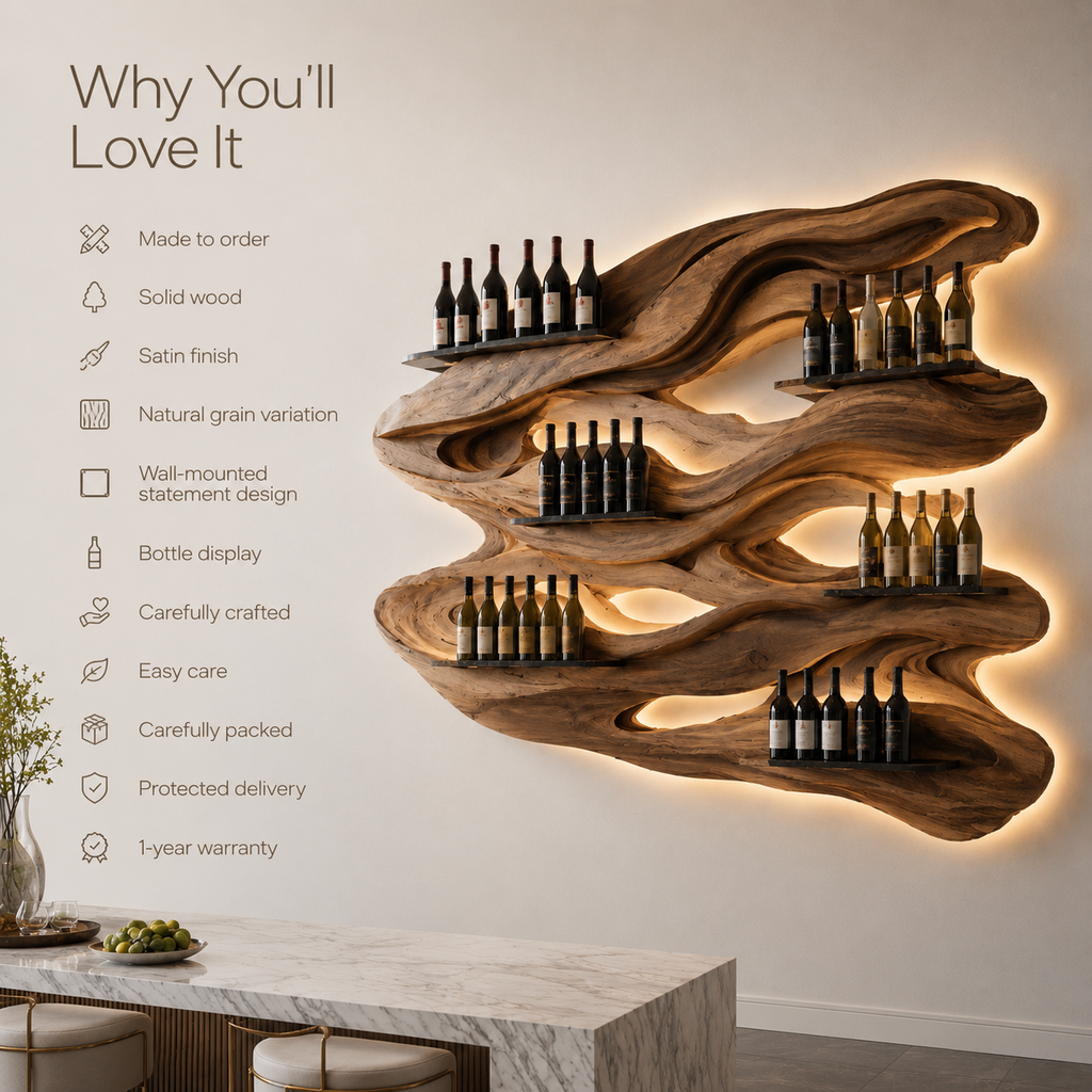 Solid Wood Wall Wine Rack with Glass Holder - Wave - product image 09
