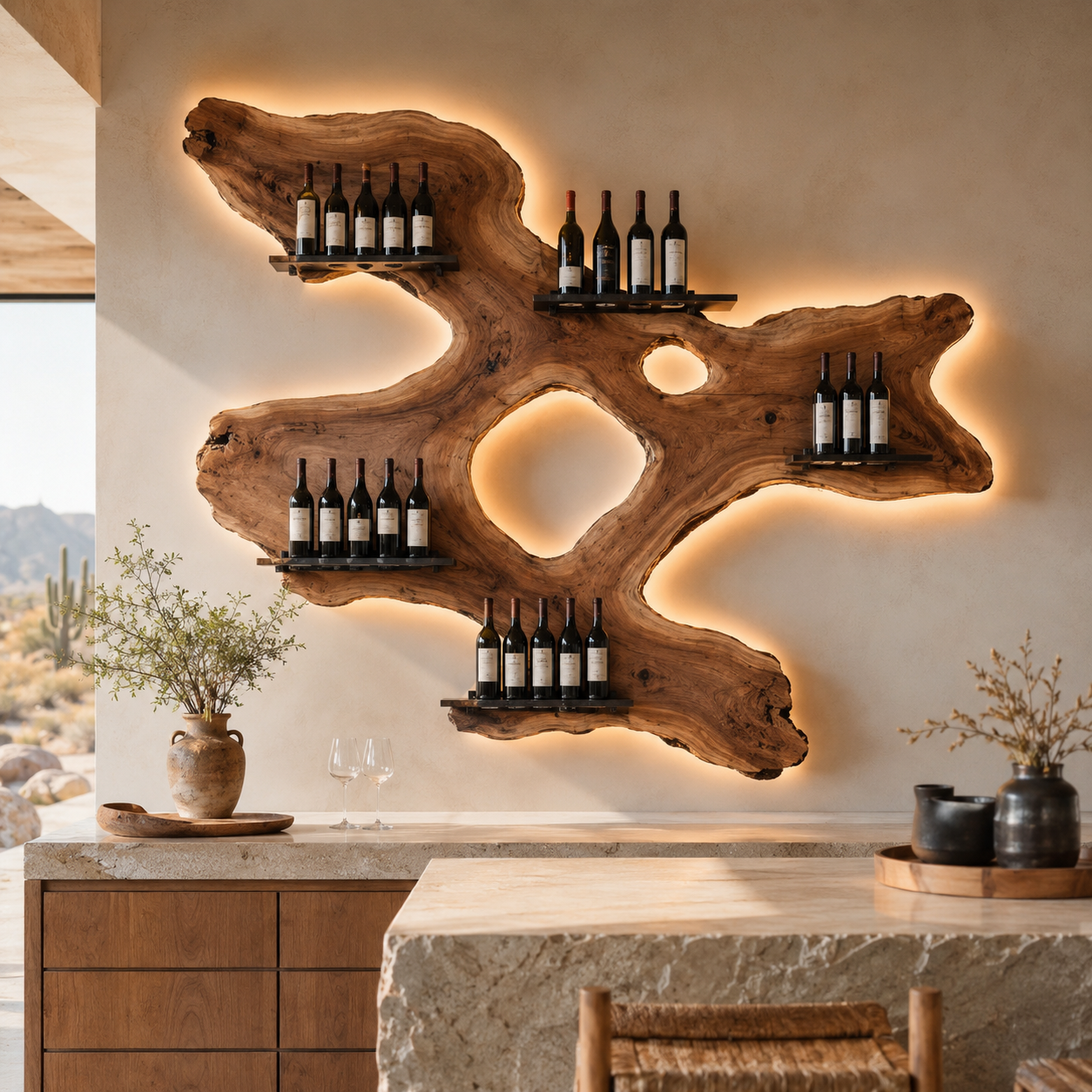 Solid Wood Wall Wine Rack with Glass Holder - Arched - main view