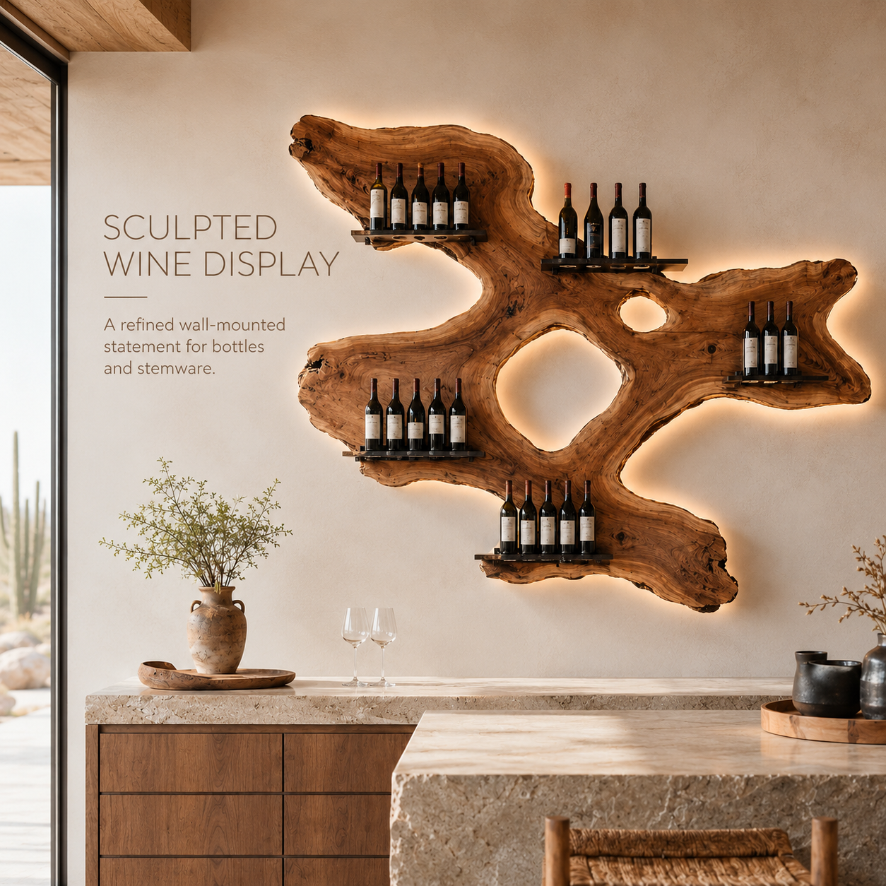 Solid Wood Wall Wine Rack with Glass Holder - Arched - product image 02