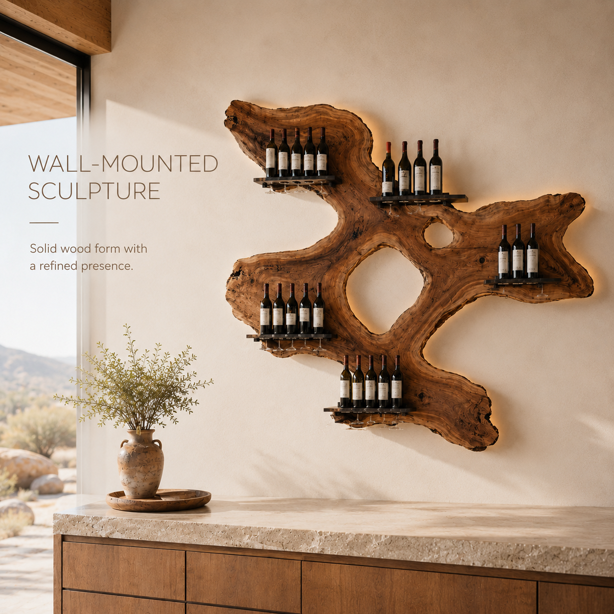 Solid Wood Wall Wine Rack with Glass Holder - Arched - product image 03