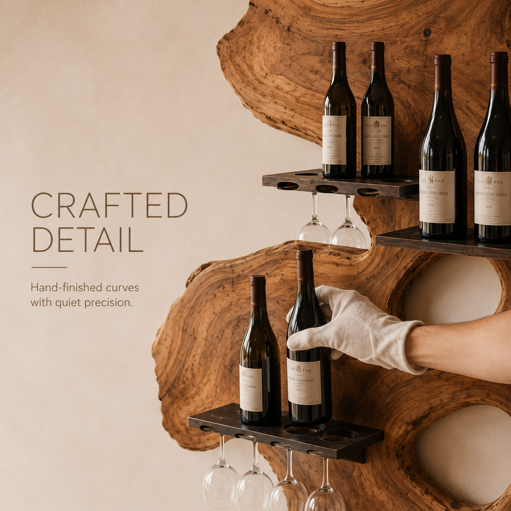 Solid Wood Wall Wine Rack with Glass Holder - Arched - product image 06