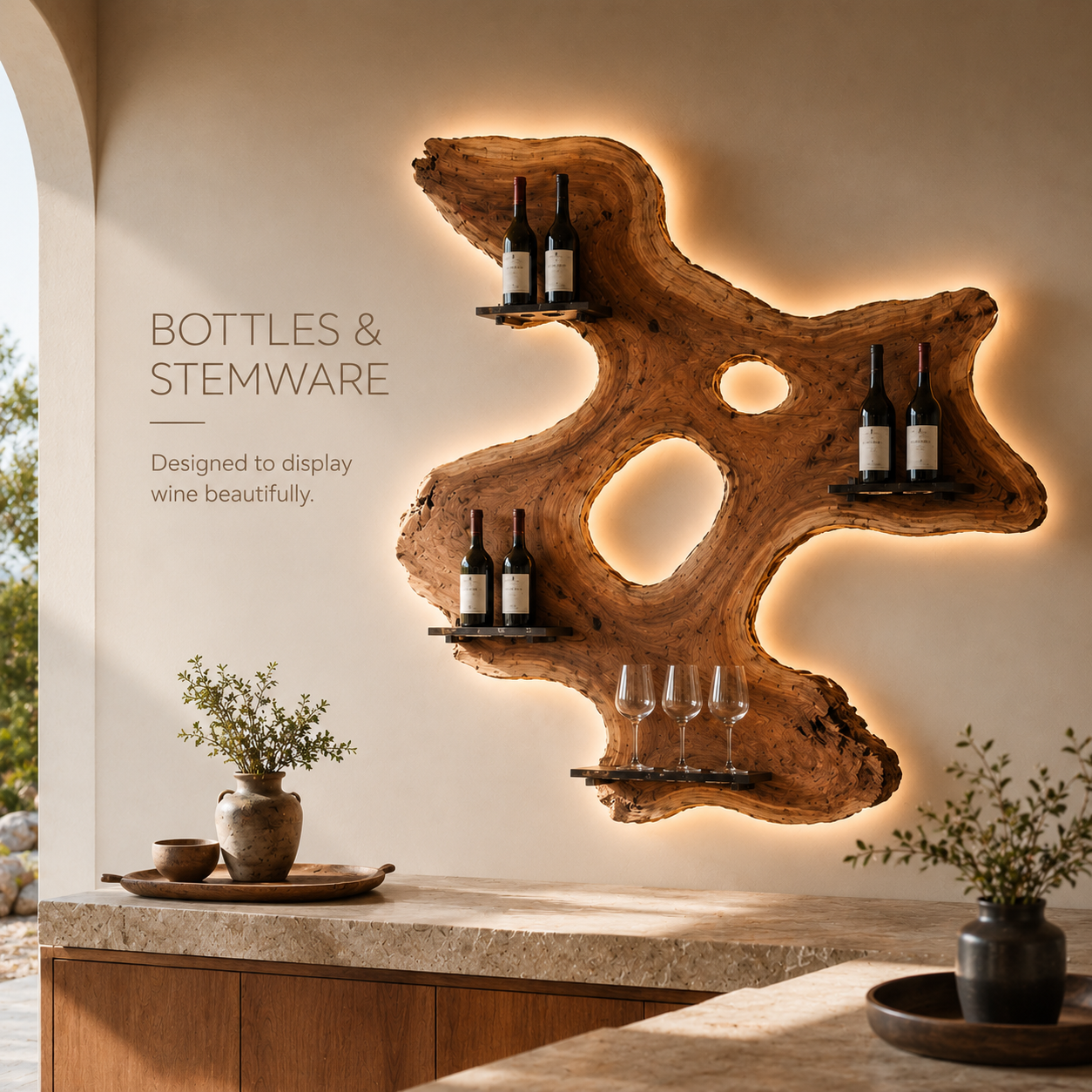 Solid Wood Wall Wine Rack with Glass Holder - Arched - product image 07