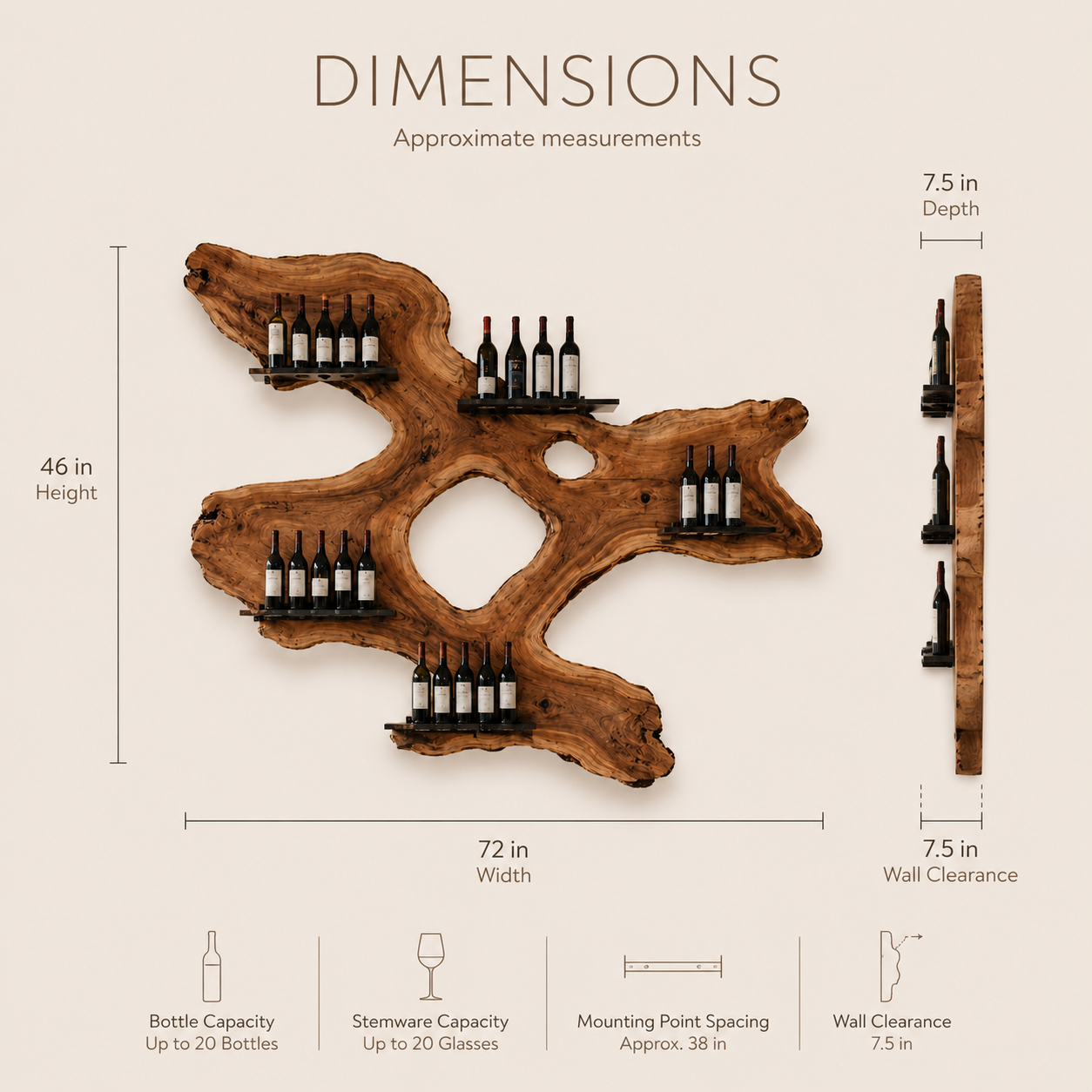 Solid Wood Wall Wine Rack with Glass Holder - Arched - product image 08