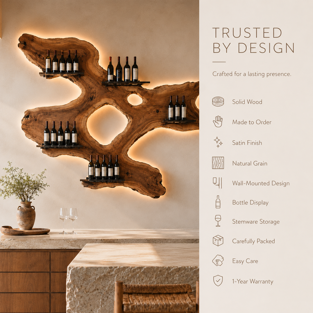 Solid Wood Wall Wine Rack with Glass Holder - Arched - product image 09