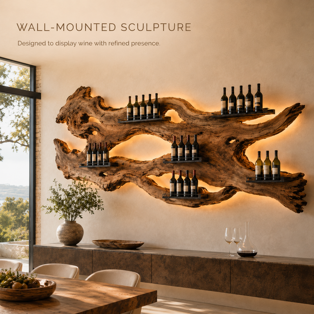Solid Wood Wall Wine Rack with Glass Holder - Crescent - product image 03
