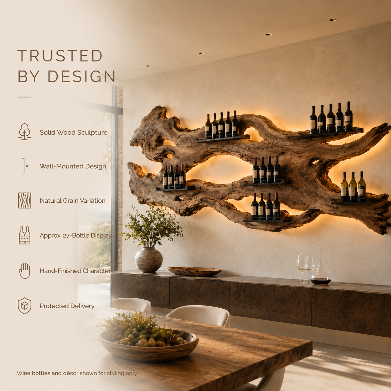 Solid Wood Wall Wine Rack with Glass Holder - Crescent - product image 09