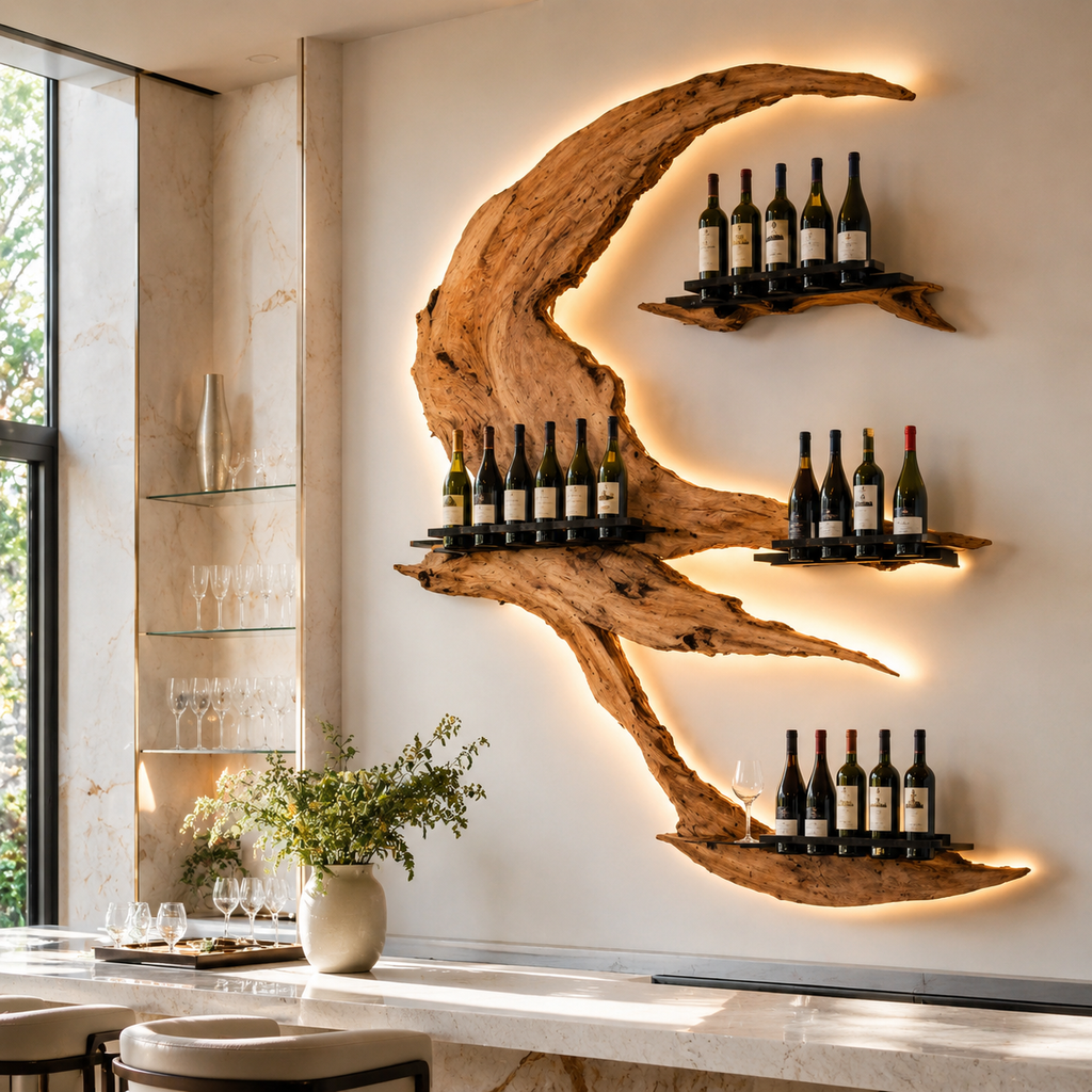 Solid Wood Wall Wine Rack with Glass Holder - Gallery Rail - main view