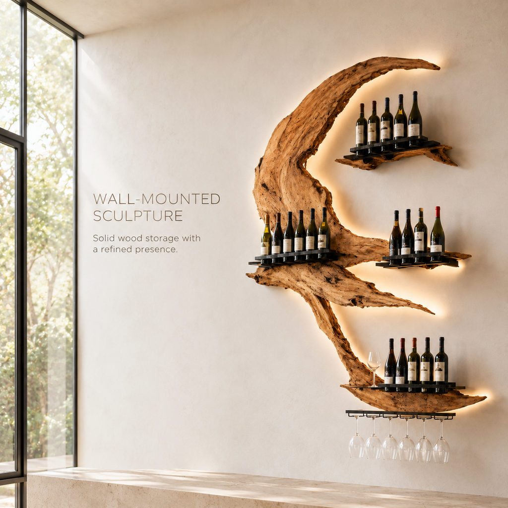 Solid Wood Wall Wine Rack with Glass Holder - Gallery Rail - product image 03