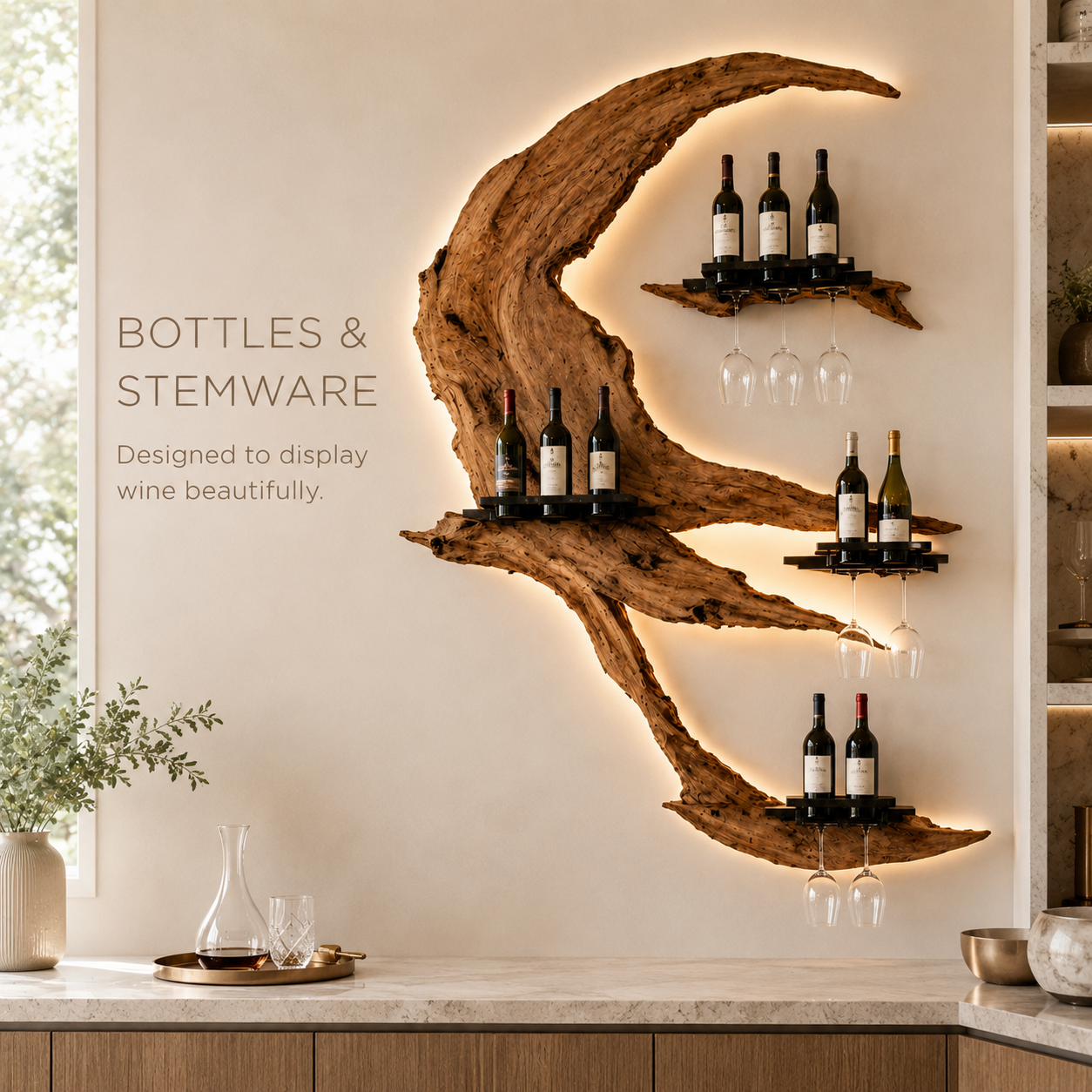 Solid Wood Wall Wine Rack with Glass Holder - Gallery Rail - product image 07