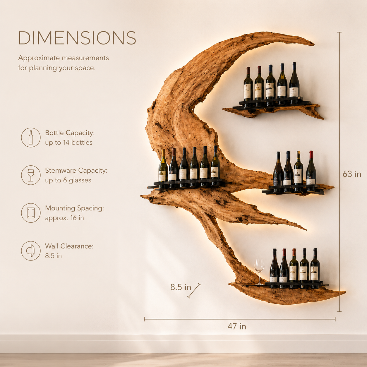 Solid Wood Wall Wine Rack with Glass Holder - Gallery Rail - product image 08