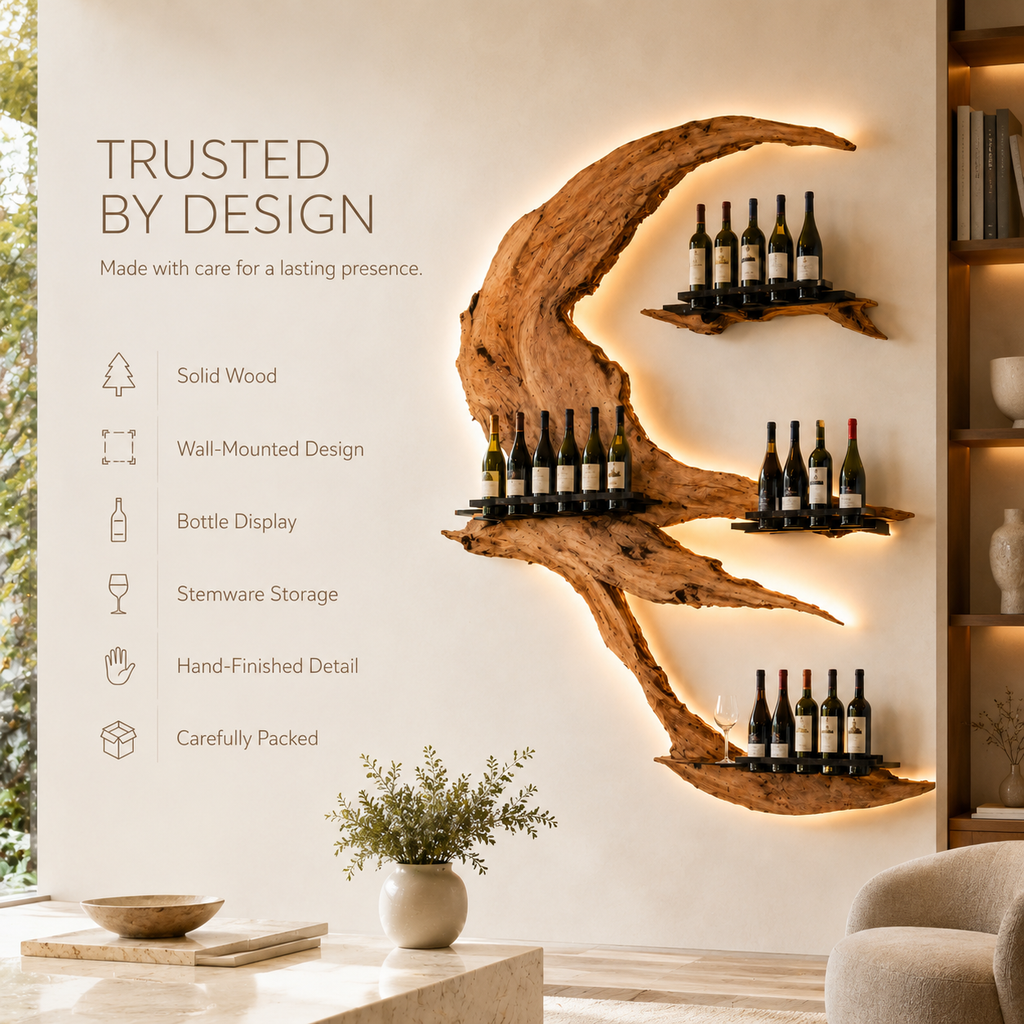 Solid Wood Wall Wine Rack with Glass Holder - Gallery Rail - product image 09