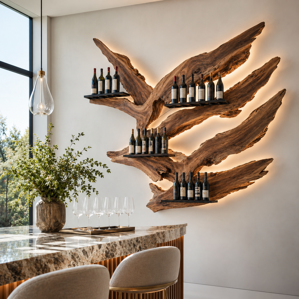 Solid Wood Wall Wine Rack with Glass Holder - Live Edge - main view