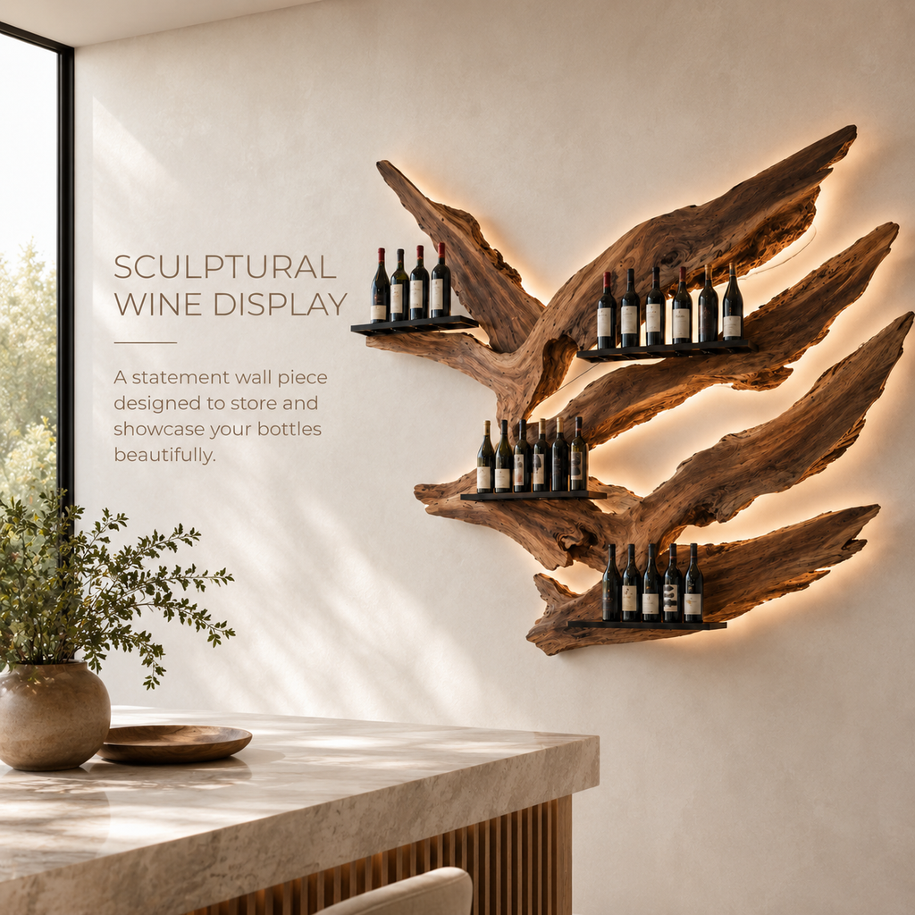 Solid Wood Wall Wine Rack with Glass Holder - Live Edge - product image 02
