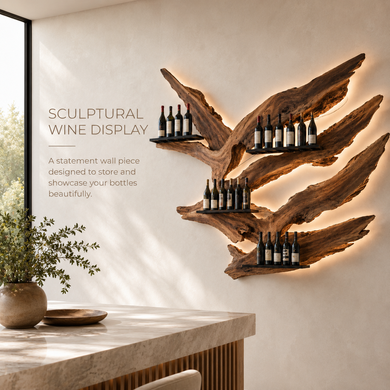 Solid Wood Wall Wine Rack with Glass Holder - Live Edge - product image 02