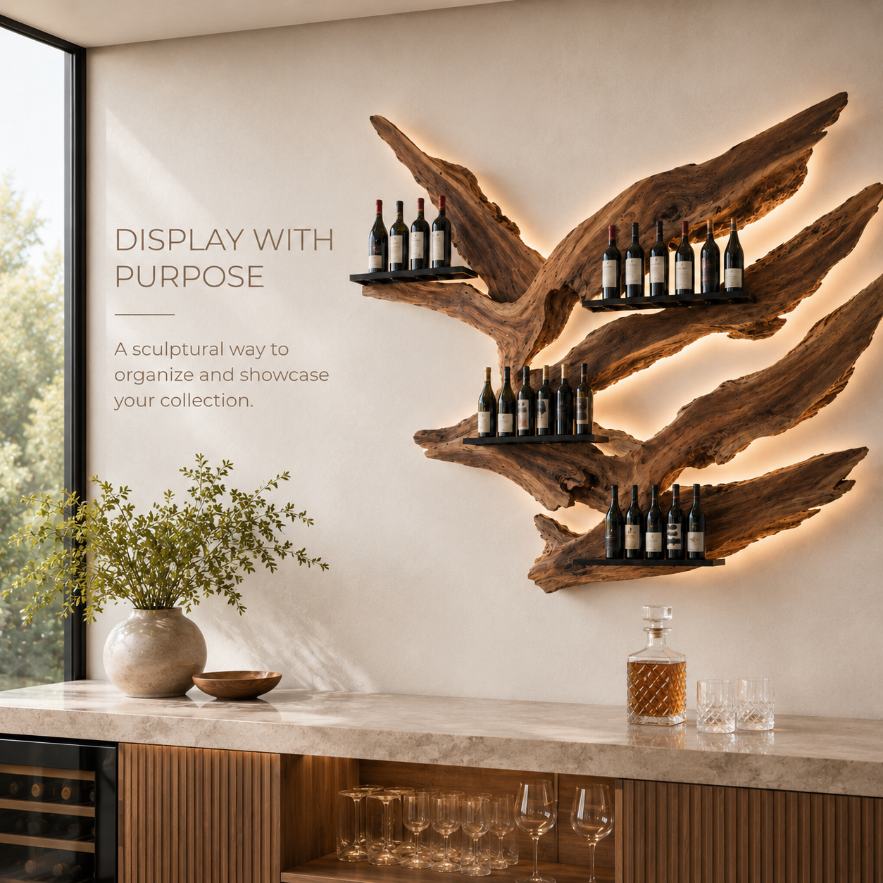 Solid Wood Wall Wine Rack with Glass Holder - Live Edge - product image 07
