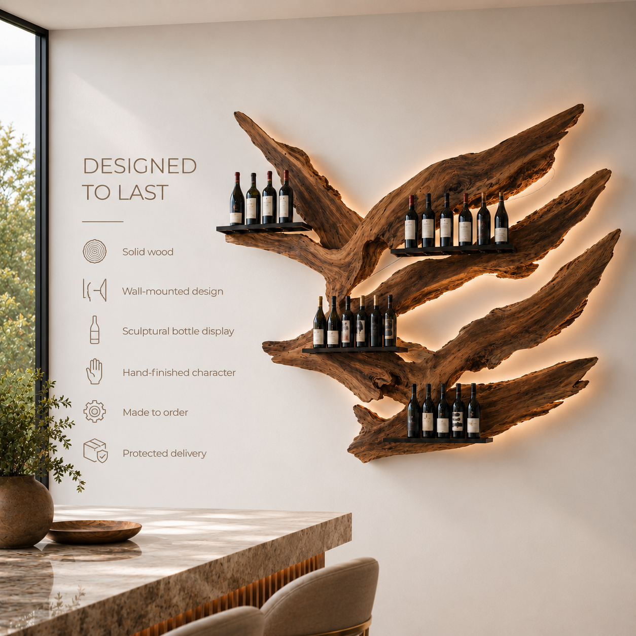 Solid Wood Wall Wine Rack with Glass Holder - Live Edge - product image 09