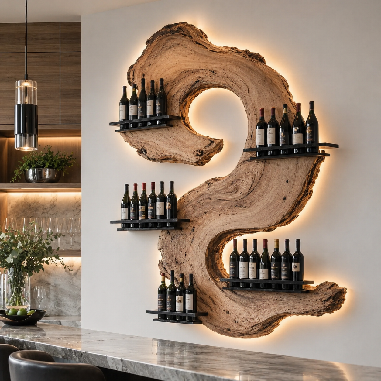 Solid Wood Wall Wine Rack with Glass Holder - Branch Form - main view