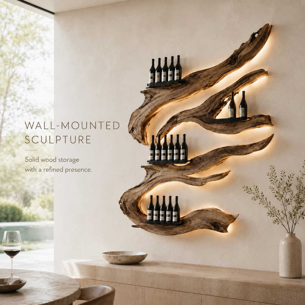 Solid Wood Wall Wine Rack with Glass Holder - Arched - product image 03