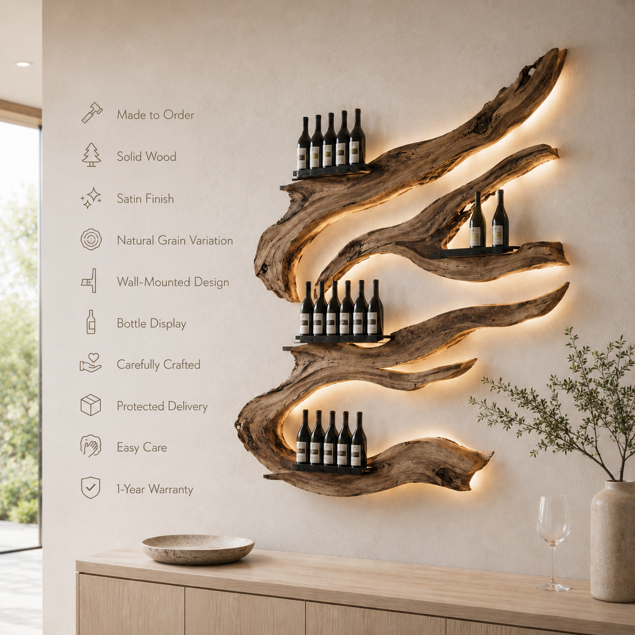 Solid Wood Wall Wine Rack with Glass Holder - Arched - product image 09