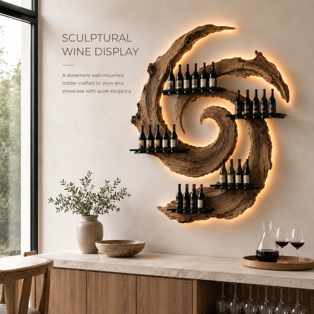 Solid Wood Wall Wine Rack with Glass Holder - Crescent - product image 02