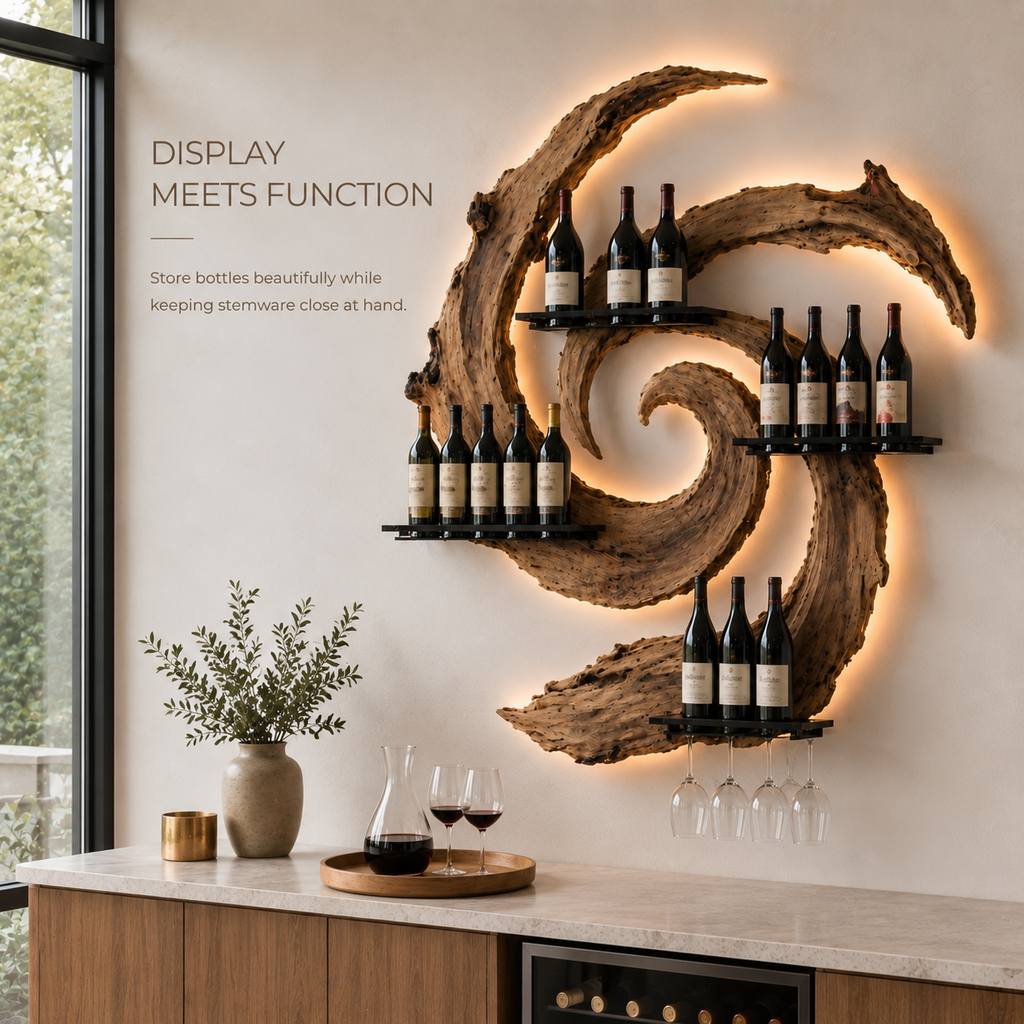 Solid Wood Wall Wine Rack with Glass Holder - Crescent - product image 07