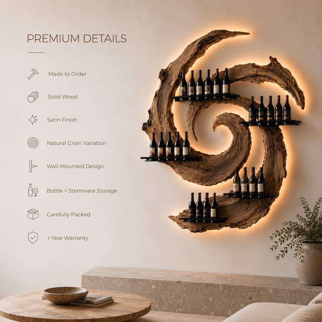 Solid Wood Wall Wine Rack with Glass Holder - Crescent - product image 09