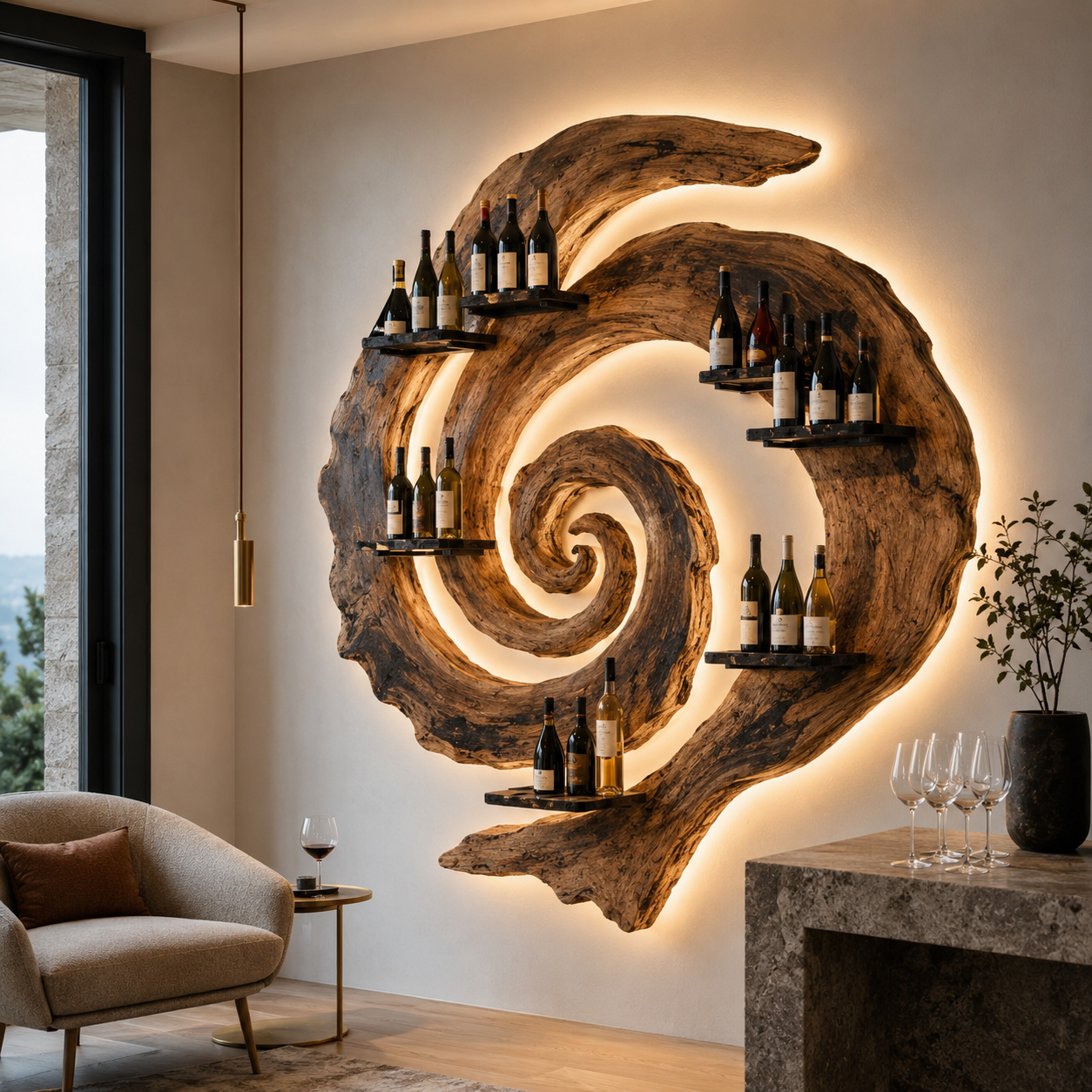 Solid Wood Wall Wine Rack with Glass Holder - Ribbed Wave - main view