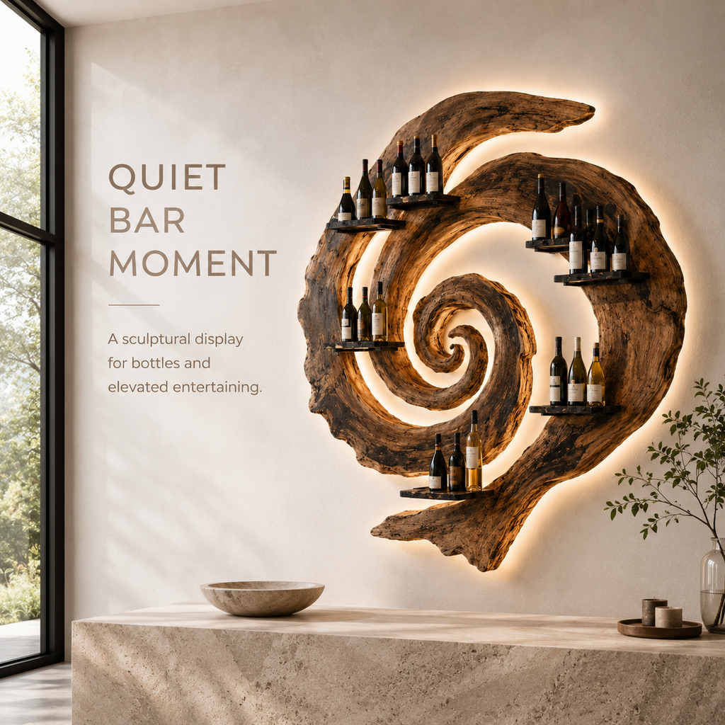 Solid Wood Wall Wine Rack with Glass Holder - Ribbed Wave - product image 02