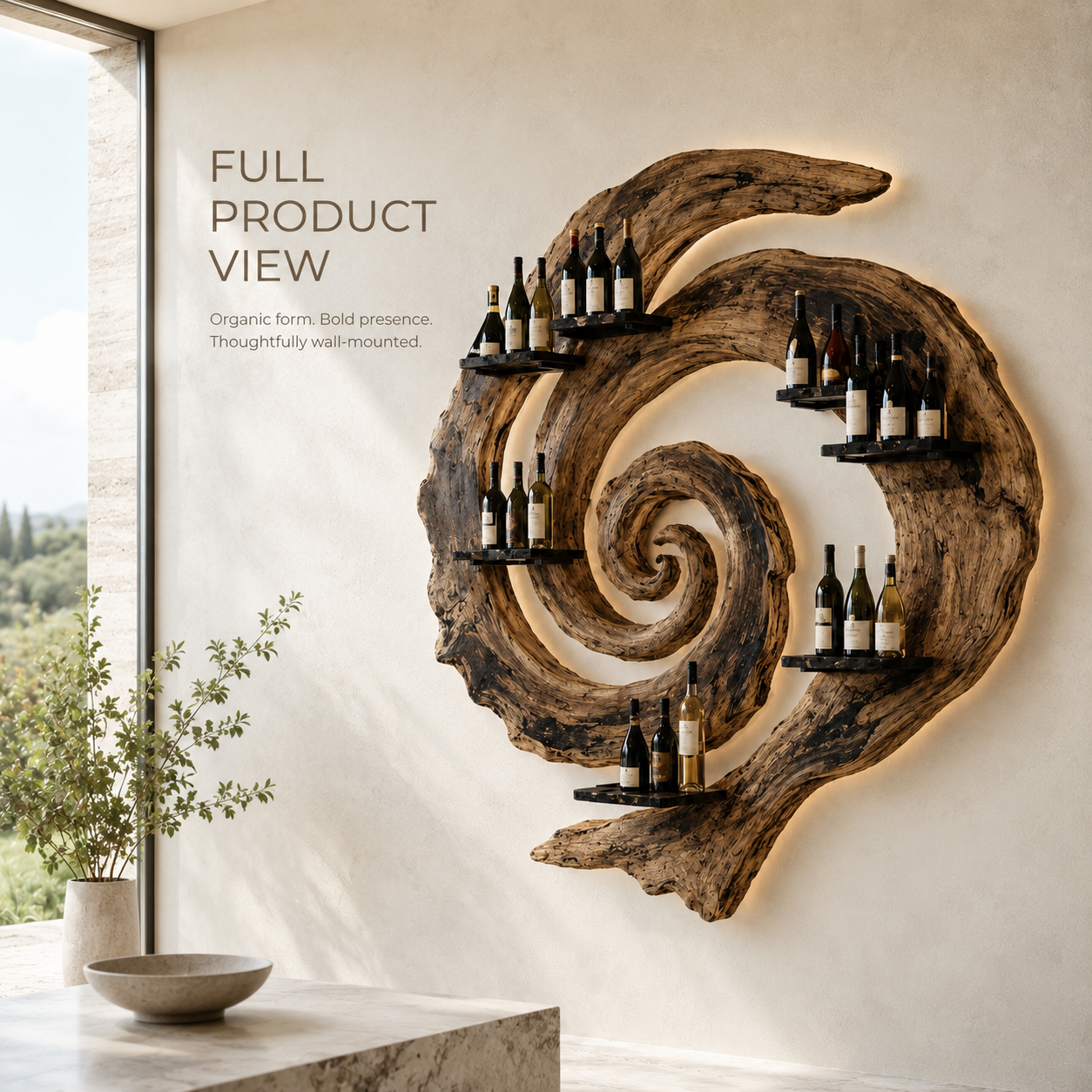 Solid Wood Wall Wine Rack with Glass Holder - Ribbed Wave - product image 03